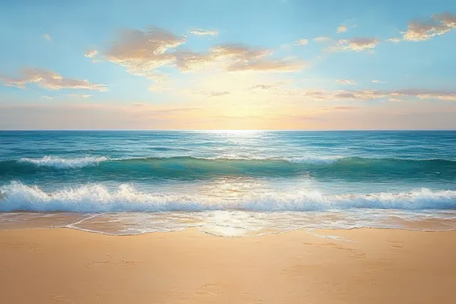 Calm ocean waves wash over sandy shore at sunrise with soft clouds and bright horizon