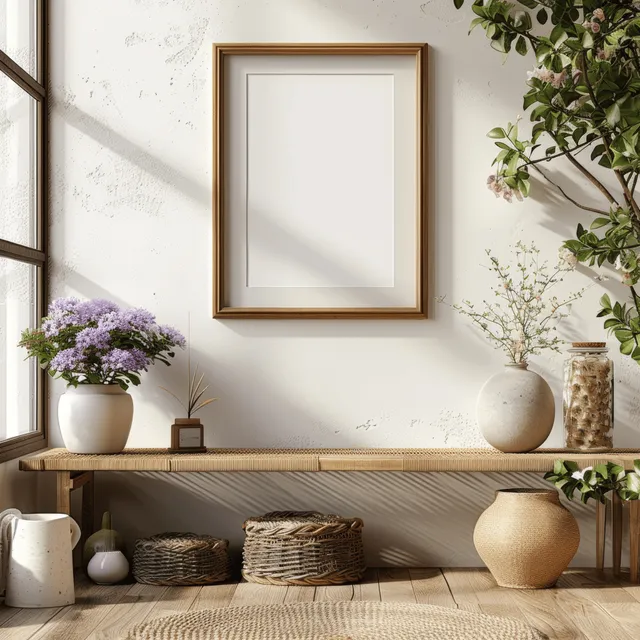 Blank vertical poster frame mockup on a white wall above a wooden console with potted plants and flowers.