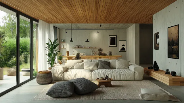 Minimalist living room showing a beige sofa, floor cushions, wooden ceiling, and sliding doors to a green garden.