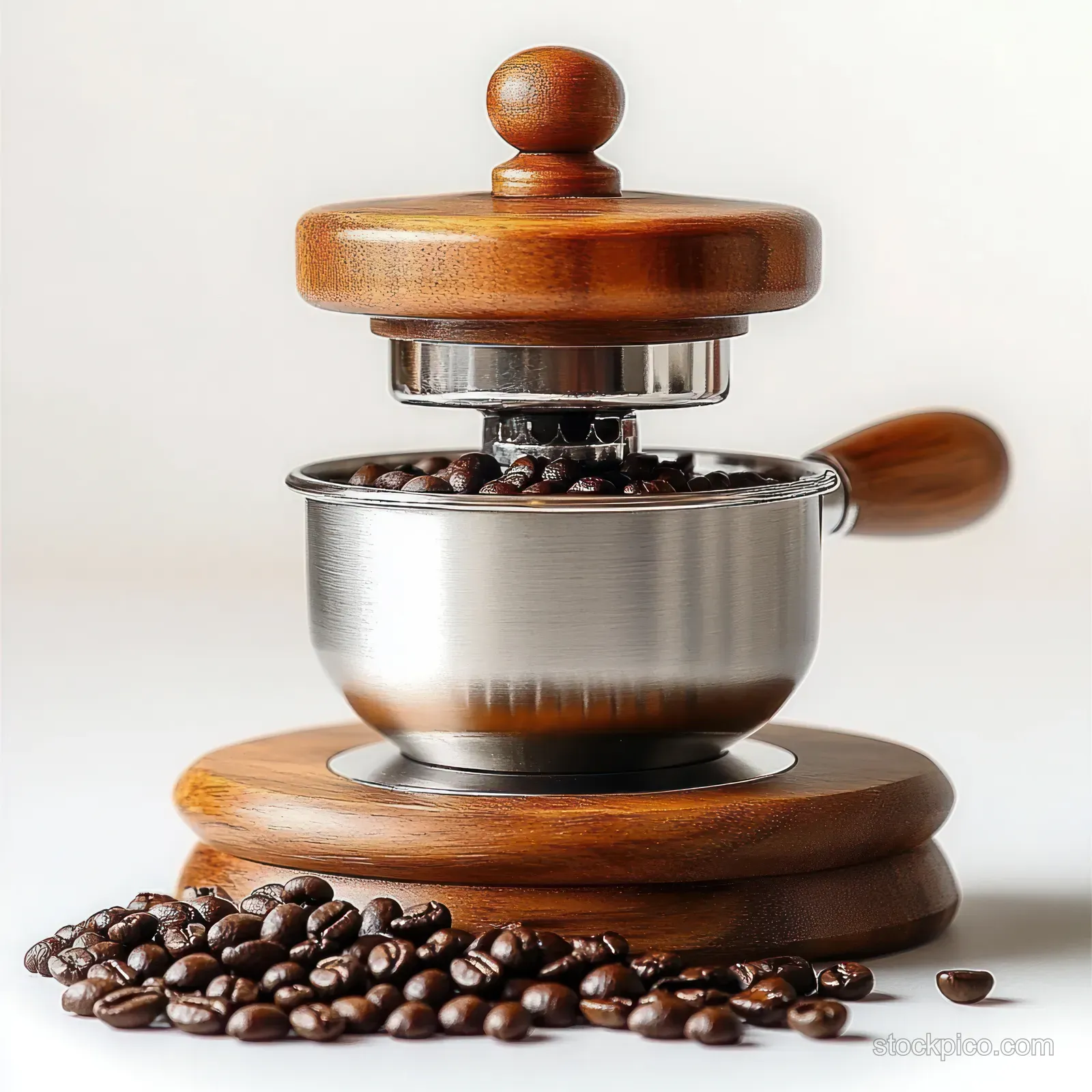 Vintage wooden manual coffee grinder with stainless-steel bowl surrounded by scattered coffee beans on a light background.