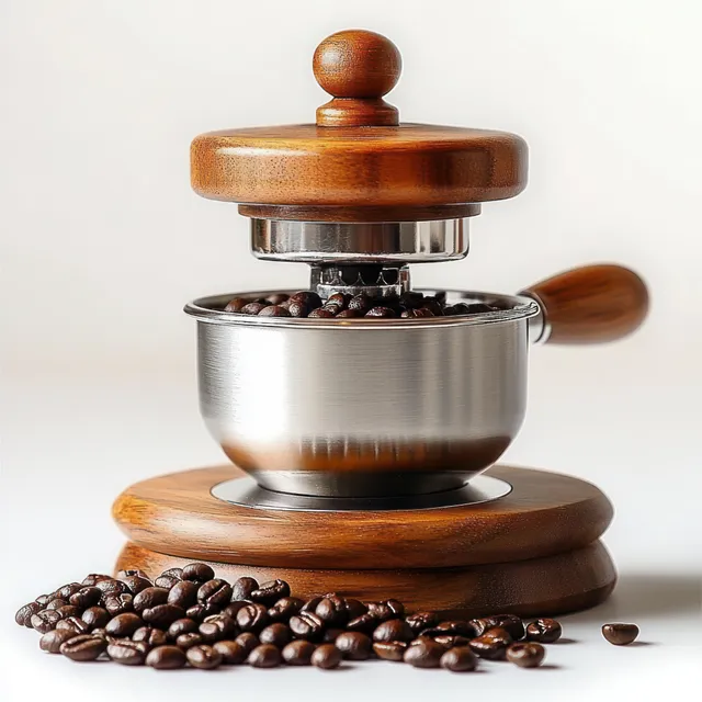Vintage wooden manual coffee grinder with stainless bowl, coffee beans scattered nearby with Kitchen Still Life