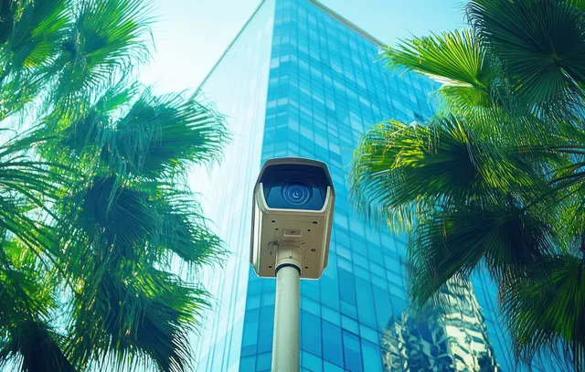 Security camera mounted on a pole with palm trees and a reflective glass office building in the background.