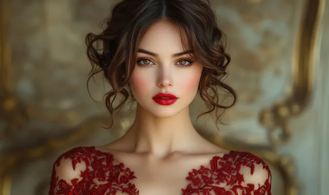 Woman with curly brown hair and red lipstick wearing a red lace dress posing in soft studio lighting.