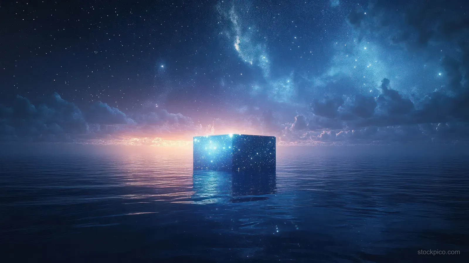 A glowing cube floats on calm ocean water beneath a starry night sky with cloud-lit reflections.