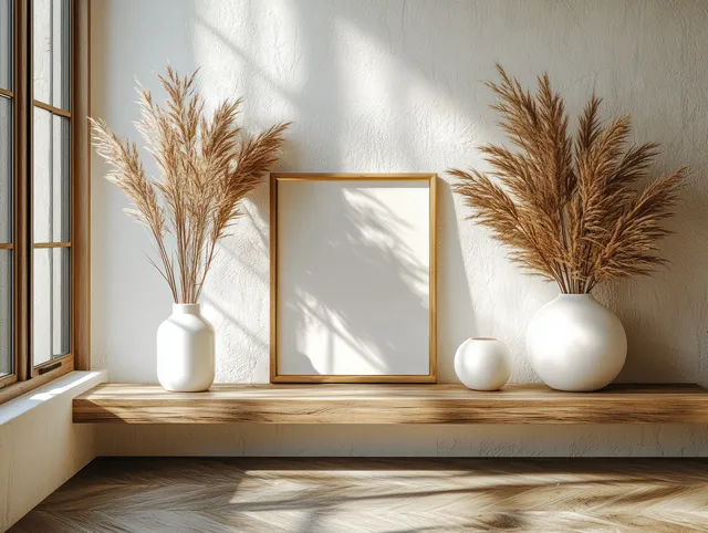 Wooden shelf with golden framed artwork and two vases of dried grass against a light wall in soft sunlight.
