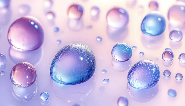 Translucent water droplets of different sizes sparkle on a smooth reflective surface with soft pink-blue lighting.