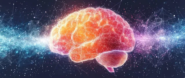 Glowing abstract brain with geometric network lines and radiating gradient energy against a dark background.