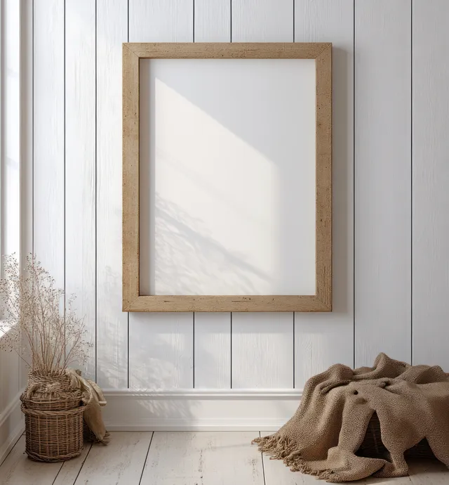Square wooden frame mockup on a white shiplap wall with soft sunlight shadows.