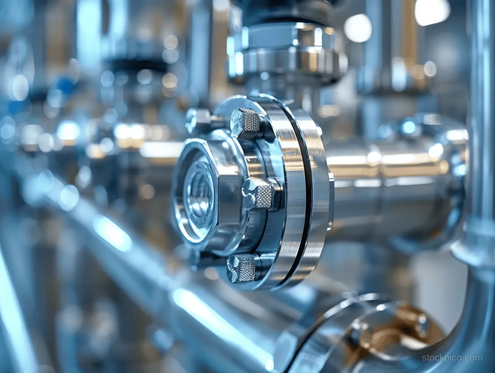 Closeup of a stainless coupling and chrome ring on a precision medical instrument in a clinical equipment bay.