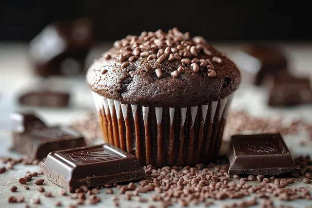 A chocolate cupcake topped with sprinkles with nearby scattered chocolate pieces and crumbs on a neutral surface.