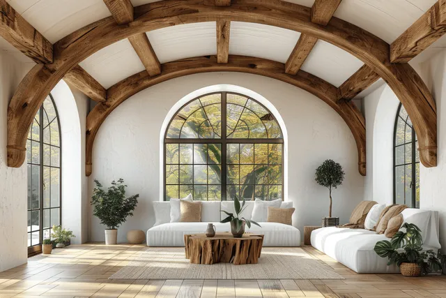 Sunlit living room with arched wooden beams, large arched windows, and white sofas