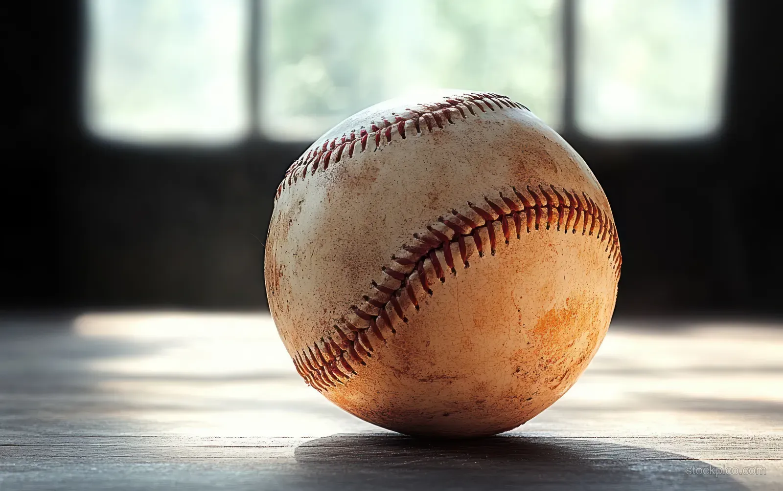 A vintage baseball sits on a wooden table under soft light with a blurred background behind it.