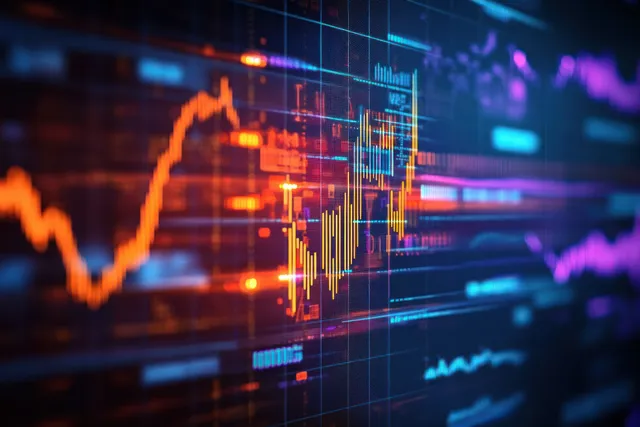 Neon cyberpunk financial chart graphs glowing over dark trading dashboard background