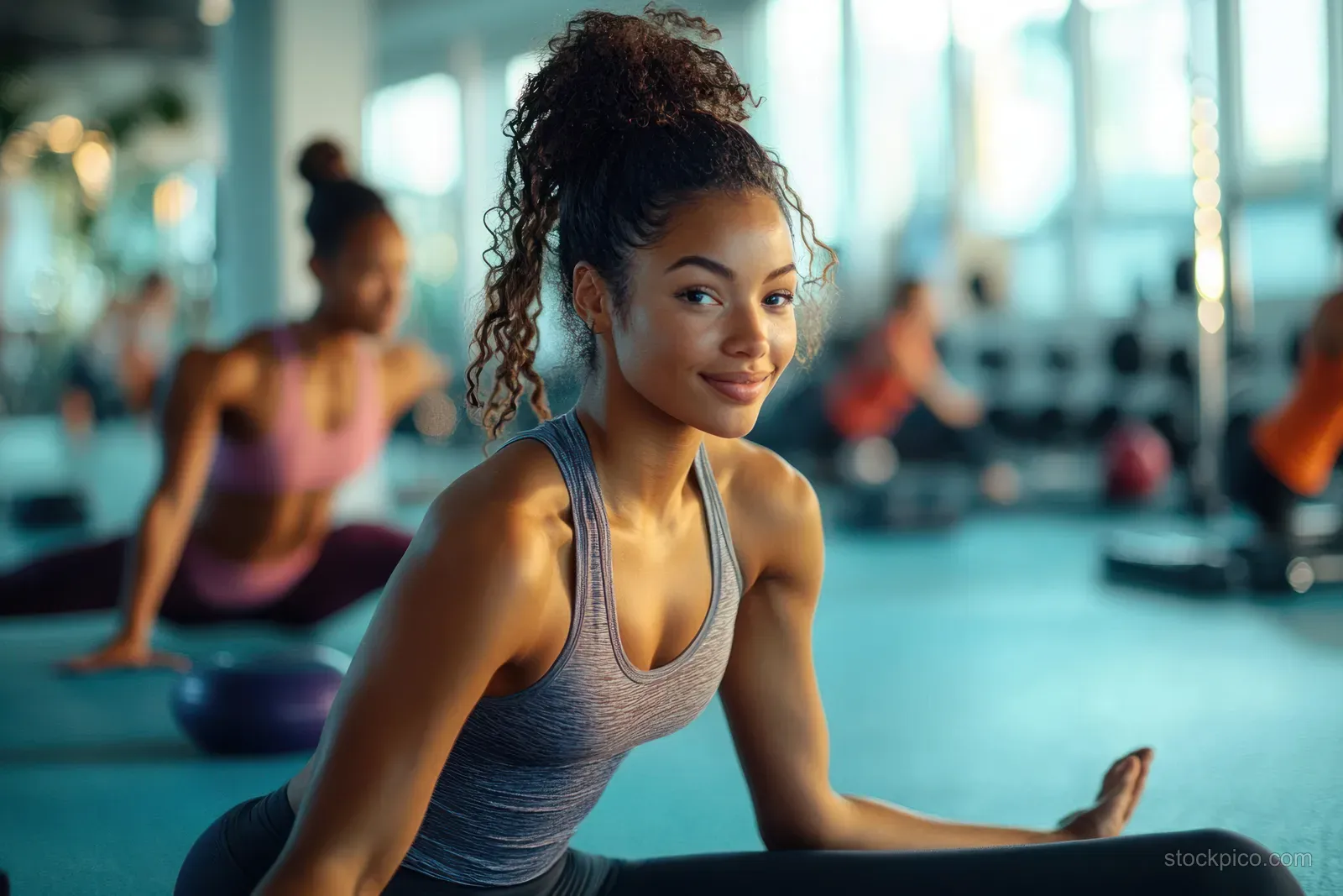 Young woman stretches on a gym mat during warm-up with friends practicing in the background.