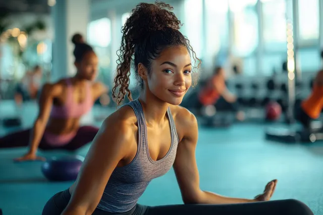 Young woman stretching on gym floor during warm-up with friends in background