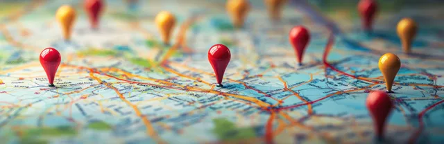 Colorful travel map with red pins connected by winding routes and a subtle compass motif