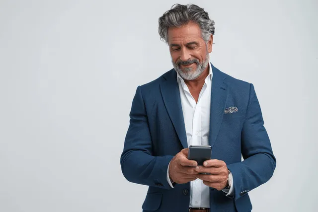 Smiling middle-aged businessman in a blue suit holding a smartphone while standing against a plain white background.