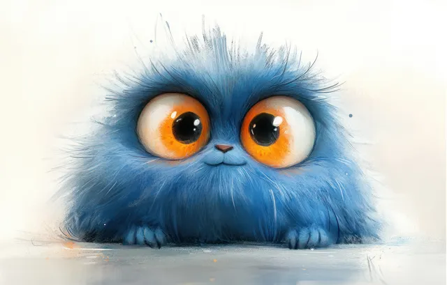 Cheerful blue furry monster face with orange eyes peeking in watercolor wash background