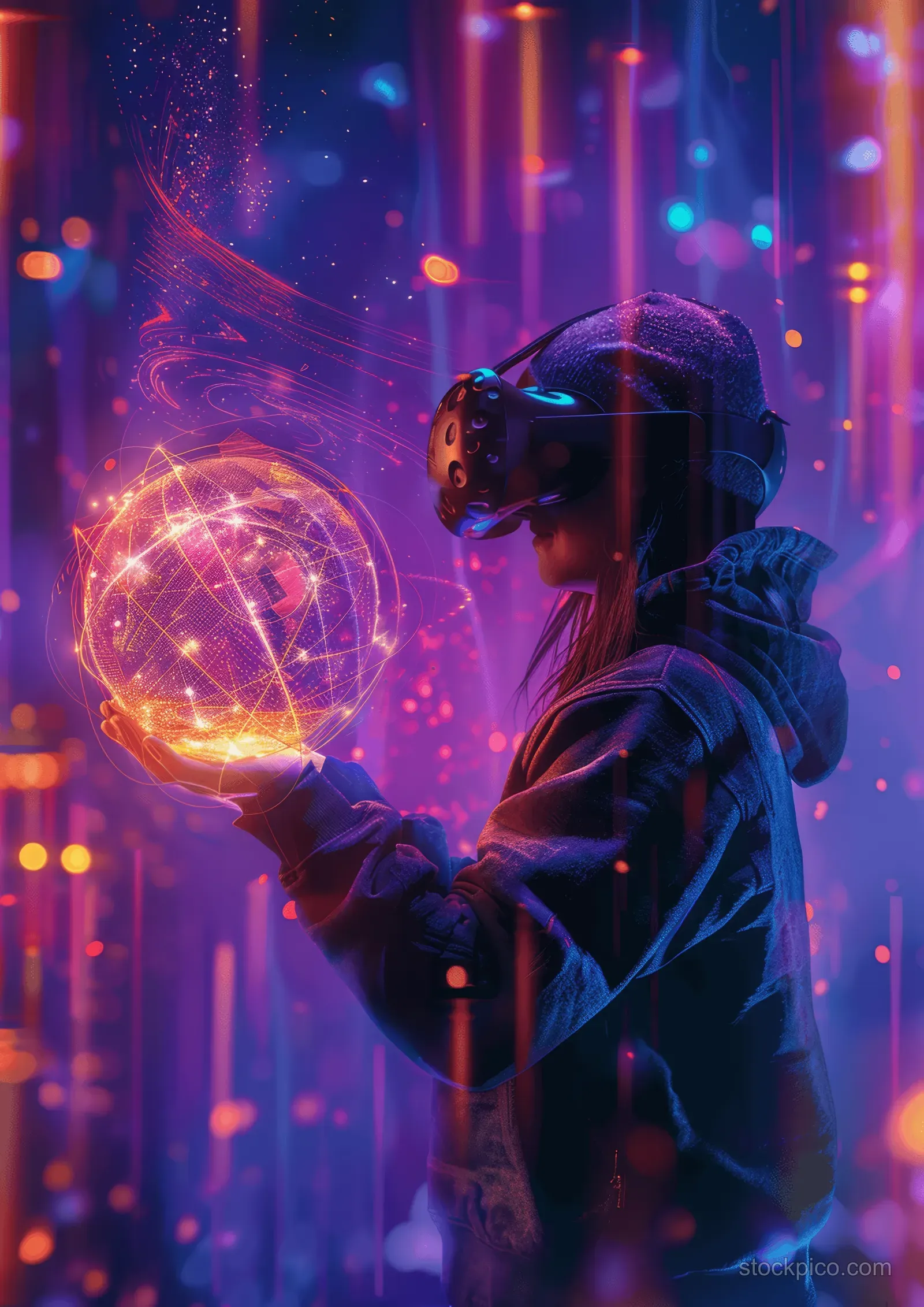 A boy wearing VR glasses holds a glowing energy sphere in a neon geometric fantasy environment.