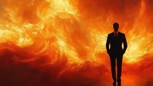 A silhouetted businessman in a suit stands against swirling orange and yellow flames with a bright fiery glow behind him.