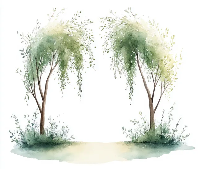 Two watercolor willow trees arch over a pale misty landscape with soft green foliage.