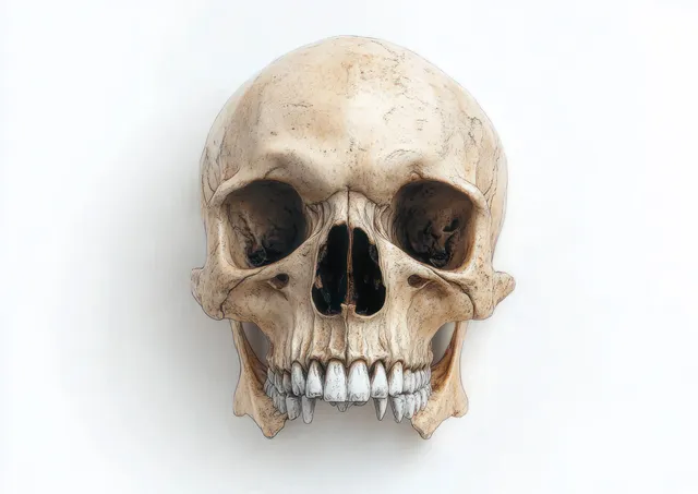 A front view light brown human skull with prominent canine teeth against a plain white background.