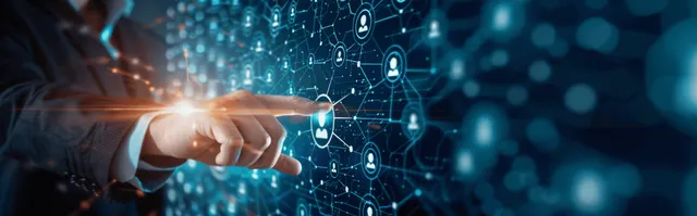 Hand connecting glowing network nodes over a digital client communication interface