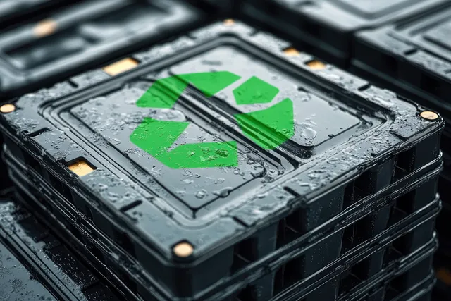 Black plastic pallet with glowing green recycling icon on wet industrial surface