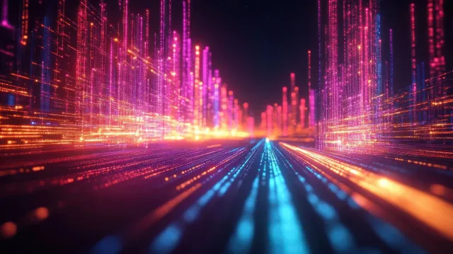 Neon data highway with glowing lines converging into a futuristic city grid at night