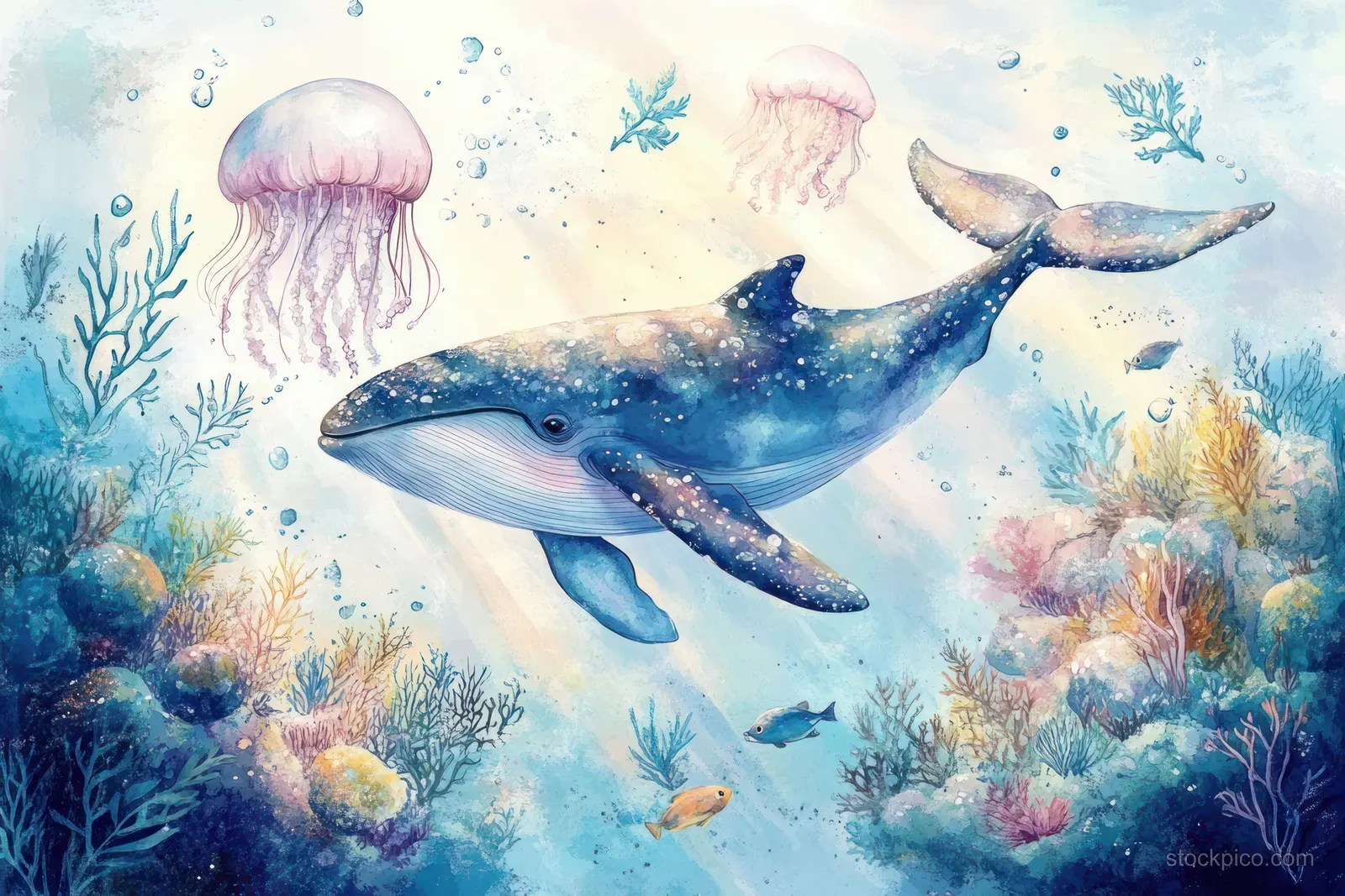 A blue whale swims over a coral reef with drifting jellyfish, small fish, and bubbles in a pastel watercolor underwater scene.