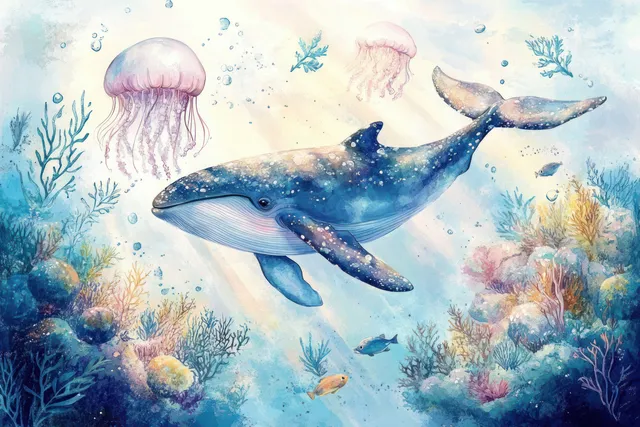 A blue whale swims over a coral reef with drifting jellyfish, small fish, and bubbles in a pastel watercolor underwater scene.