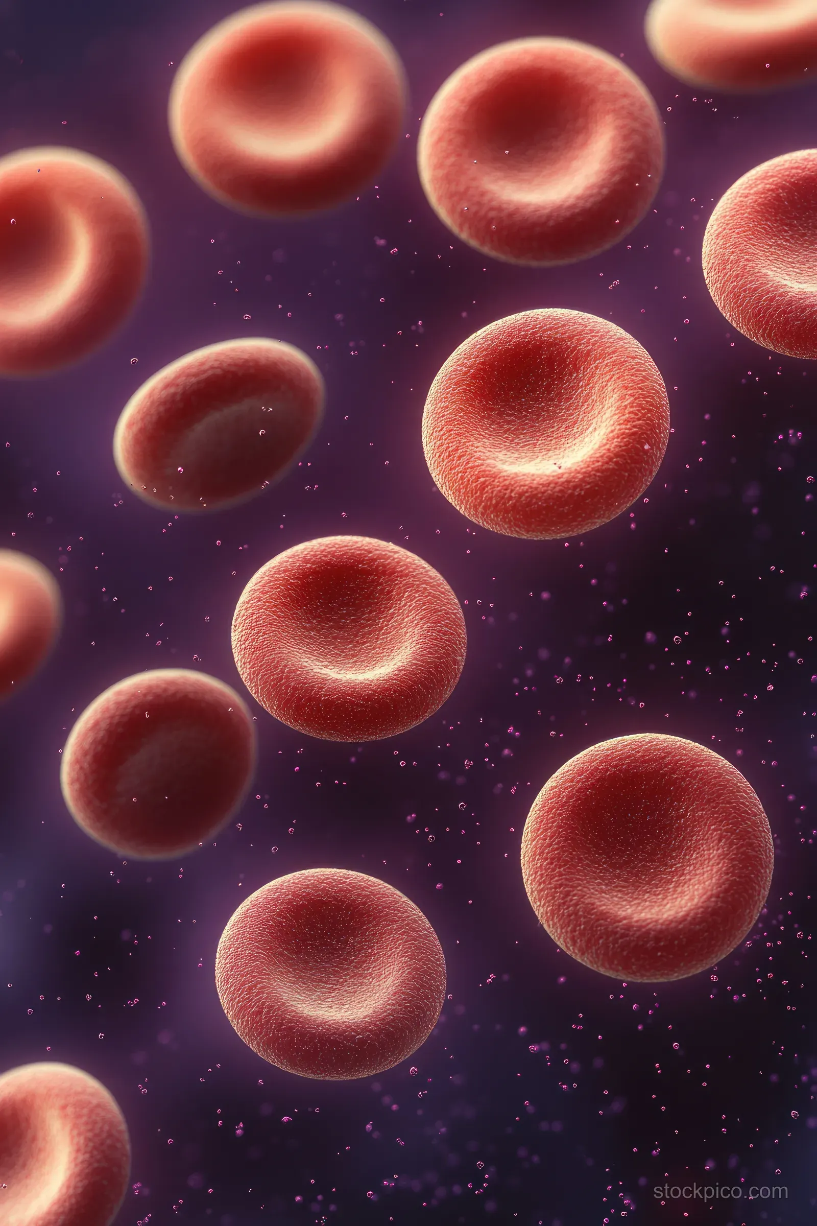 Red blood cells float in a dark purple plasma-like fluid under a microscopic glow.