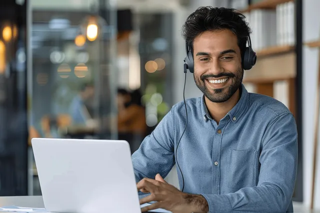 Smiling Indian businessman wearing headset using laptop for video call in modern glass office