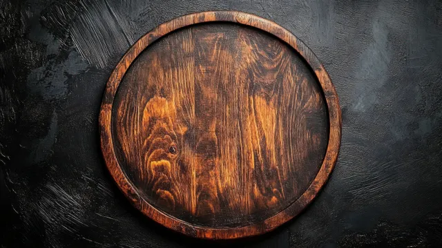 Toma cenital de una fuente redonda rústica de madera con asa sobre una mesa oscura y texturizada.