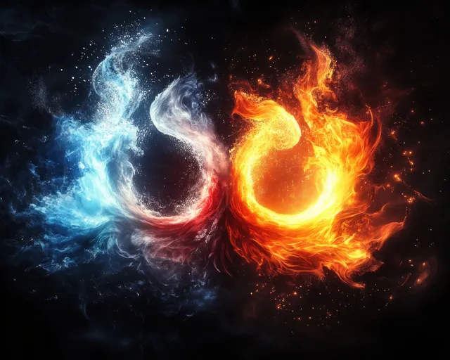 Glowing fire and water orbs swirl together in an abstract dark scene with sparks and shadowy motion.