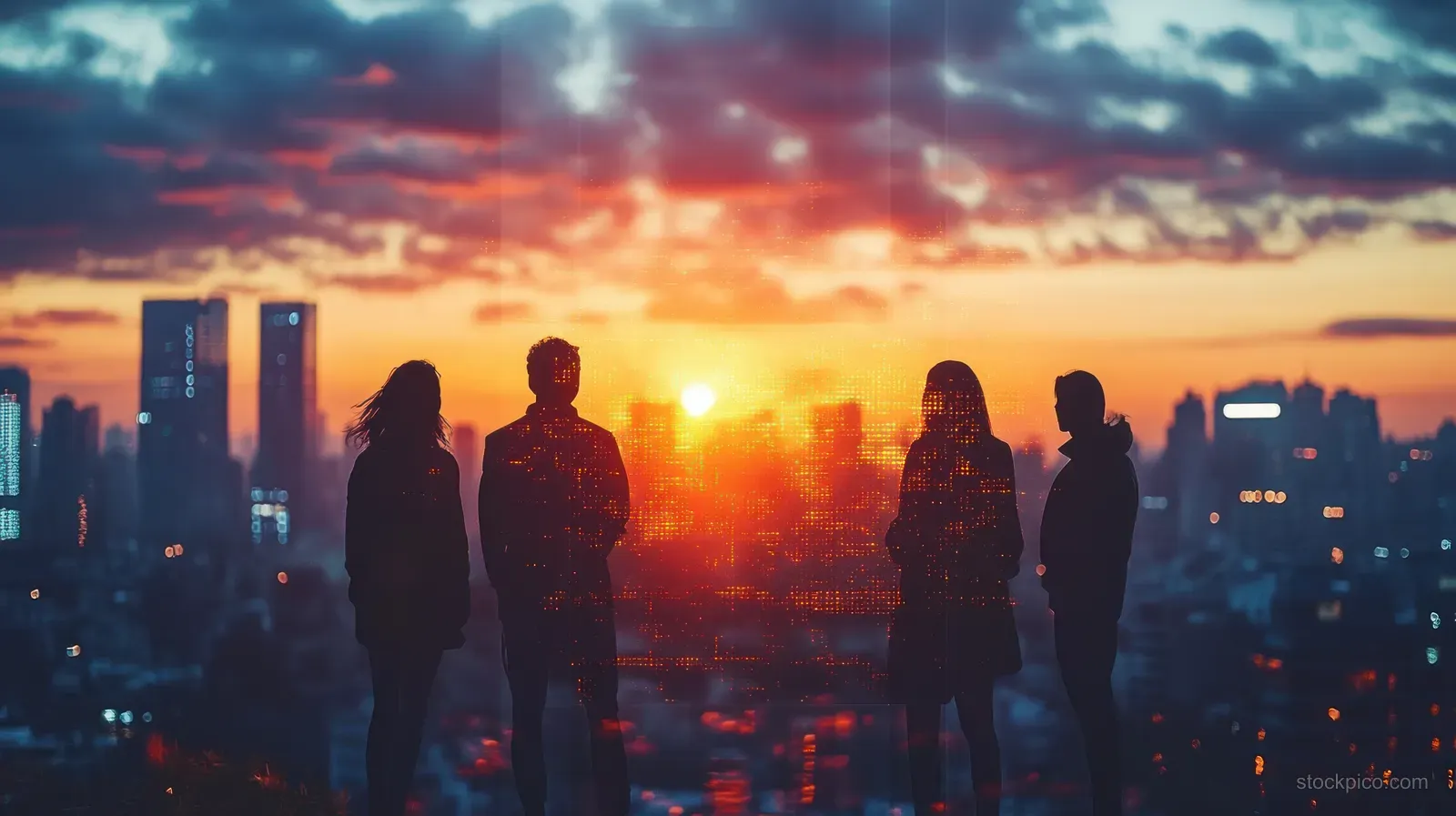 Silhouetted business team gathers on a rooftop with an urban skyline and sunset sun flare in the background.