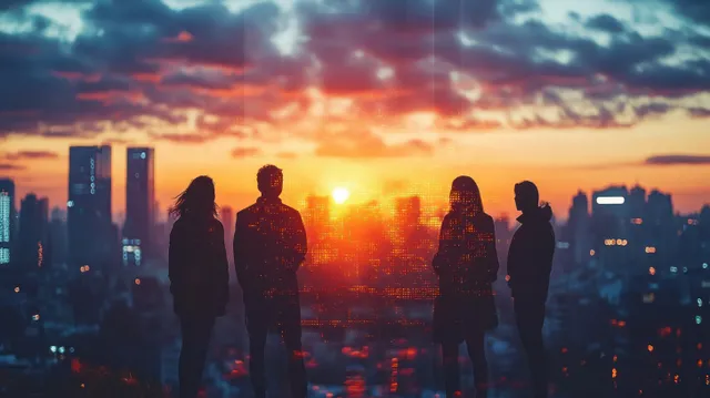 Silhouetted business team gathers on a rooftop with an urban skyline and sunset sun flare in the background.
