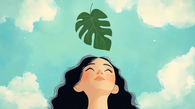 Serene woman gazing upward as a floating monstera leaf hovers against blue sky