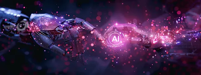 A futuristic robot hand extends toward a glowing AI handshake amid swirling digital network particles.