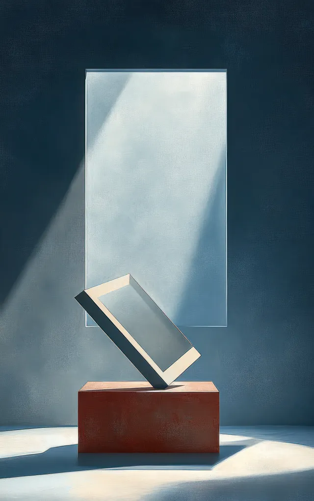 An abstract rectangular frame and small leaning block sit on a pedestal with soft shadows against a blue background.