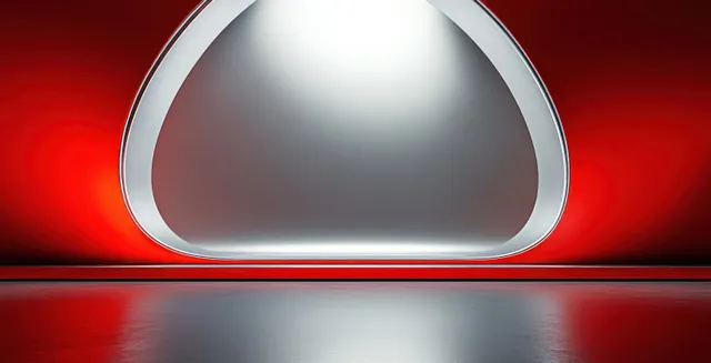 Empty futuristic room with curved white and red illuminated walls and a reflective glossy floor.