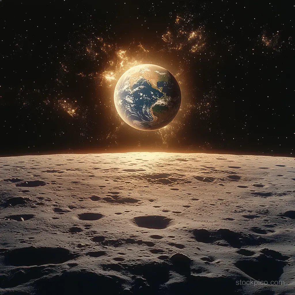 Glowing Earth rises above a cratered moon surface under a starry sky with drifting cosmic particles.