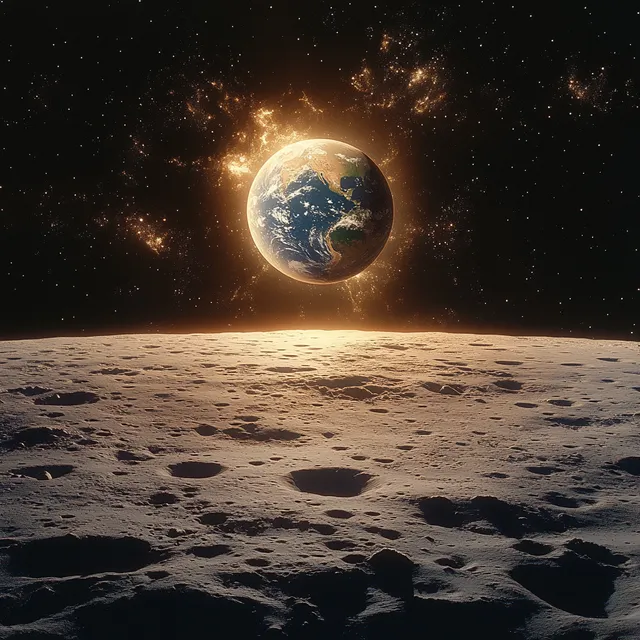 Earth glowing above a cratered moon landscape with drifting cosmic particles and starlit darkness