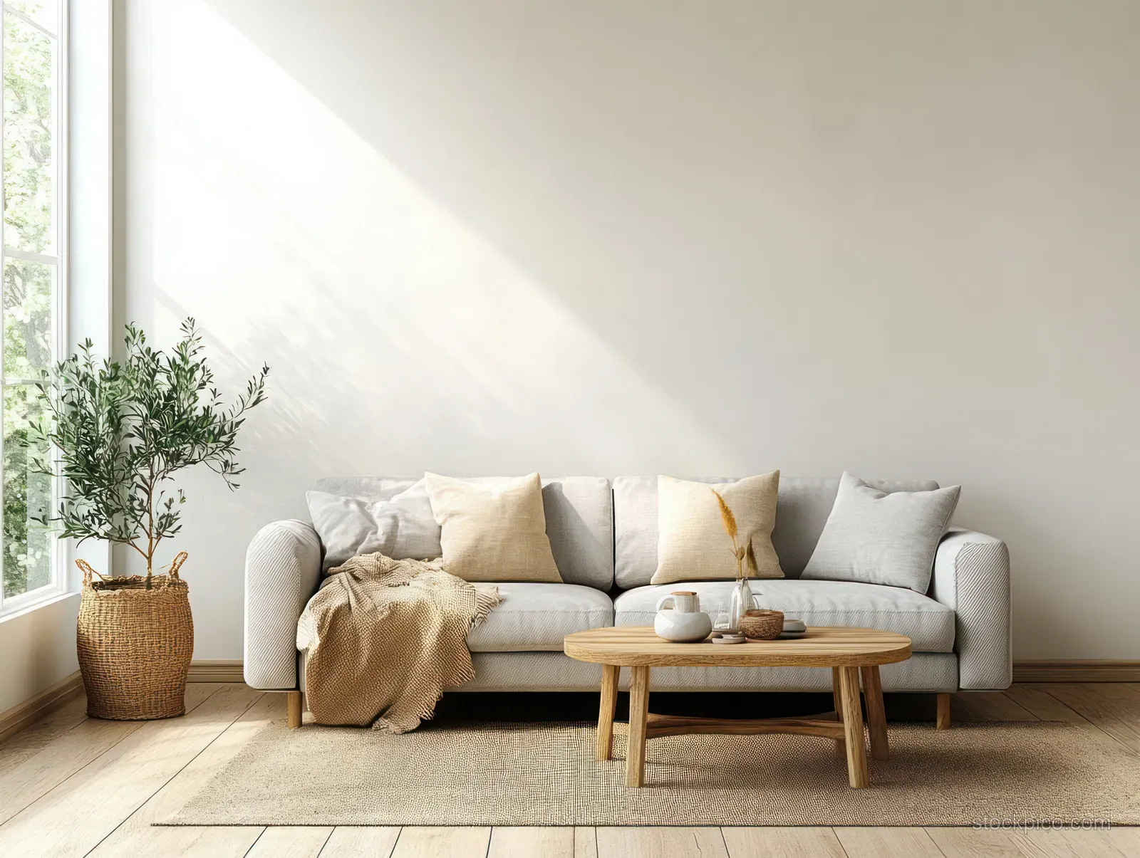 Light grey sofa with throw pillows sits in a sunlit Scandinavian living room beside a wooden coffee table and potted plant.