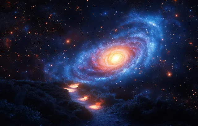 A glowing black hole accretion ring illuminates a spiral galaxy with blue nebula clouds and fiery streaks among stars.
