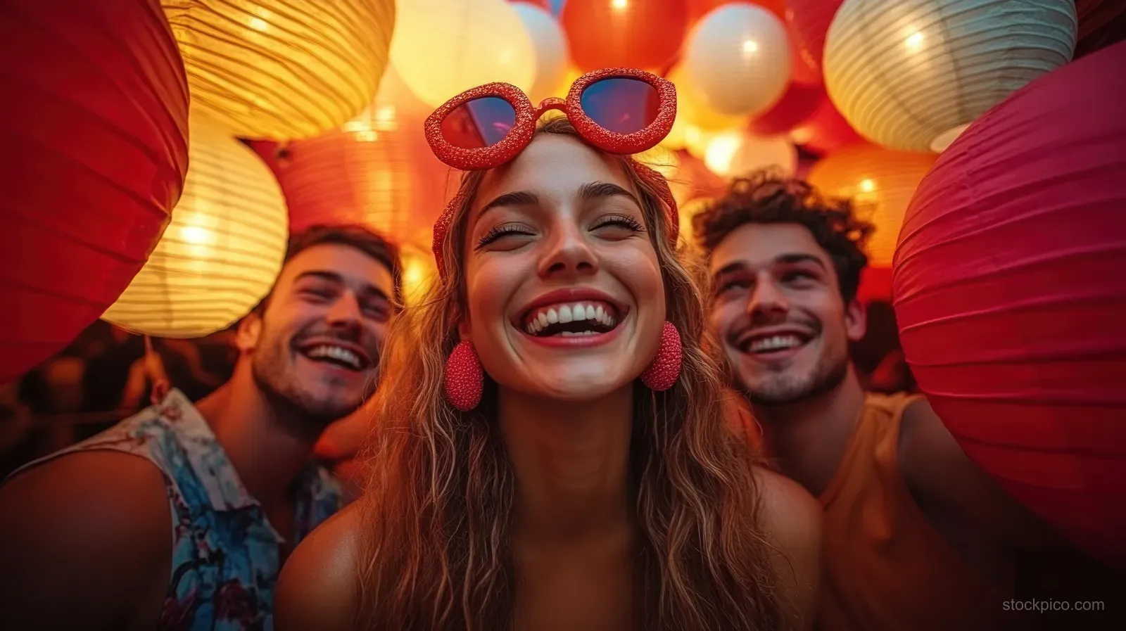 Three young adults smiling outdoors at night with colorful glowing paper lanterns surrounding them.