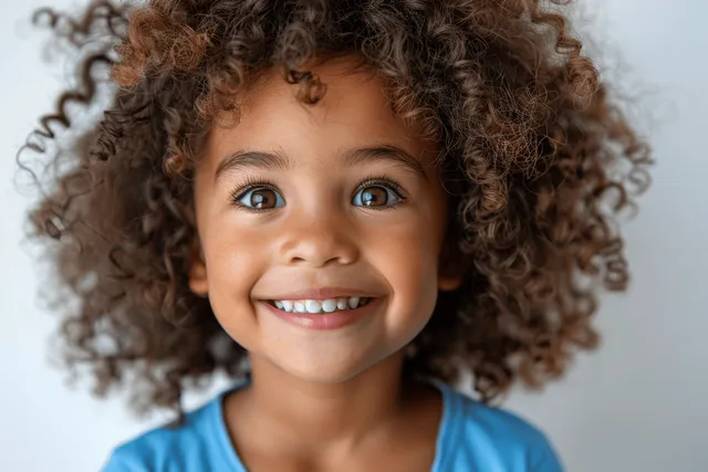 Smiling curly-haired child portrait in blue shirt against clean white background