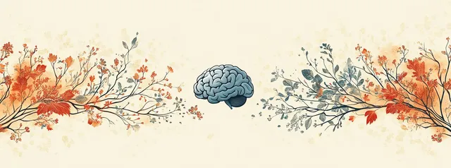 Blue brain at center between leafy branches with autumn blossoms and drifting petals