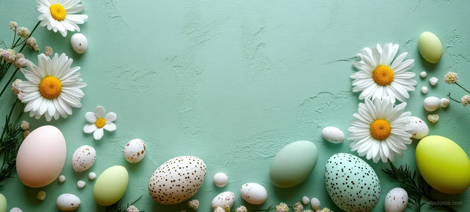 Pastel and speckled Easter eggs with white daisies and small flowers scattered on a textured mint green background.