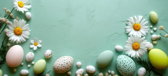 Pastel and speckled Easter eggs scattered beside white daisies on a textured mint green surface